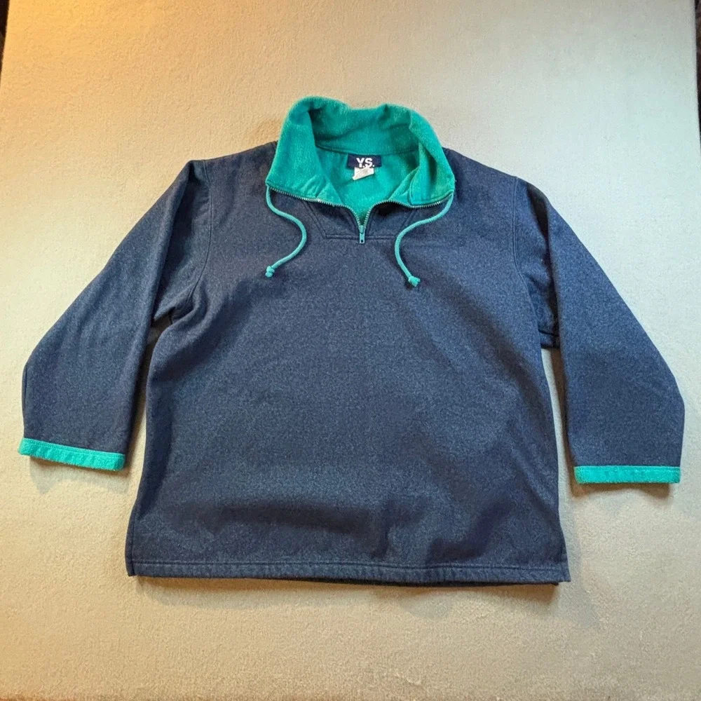 VTG Y2K Y.S. America Mens L Quarter Zip Fleece Pullover Blue Green Style 1980